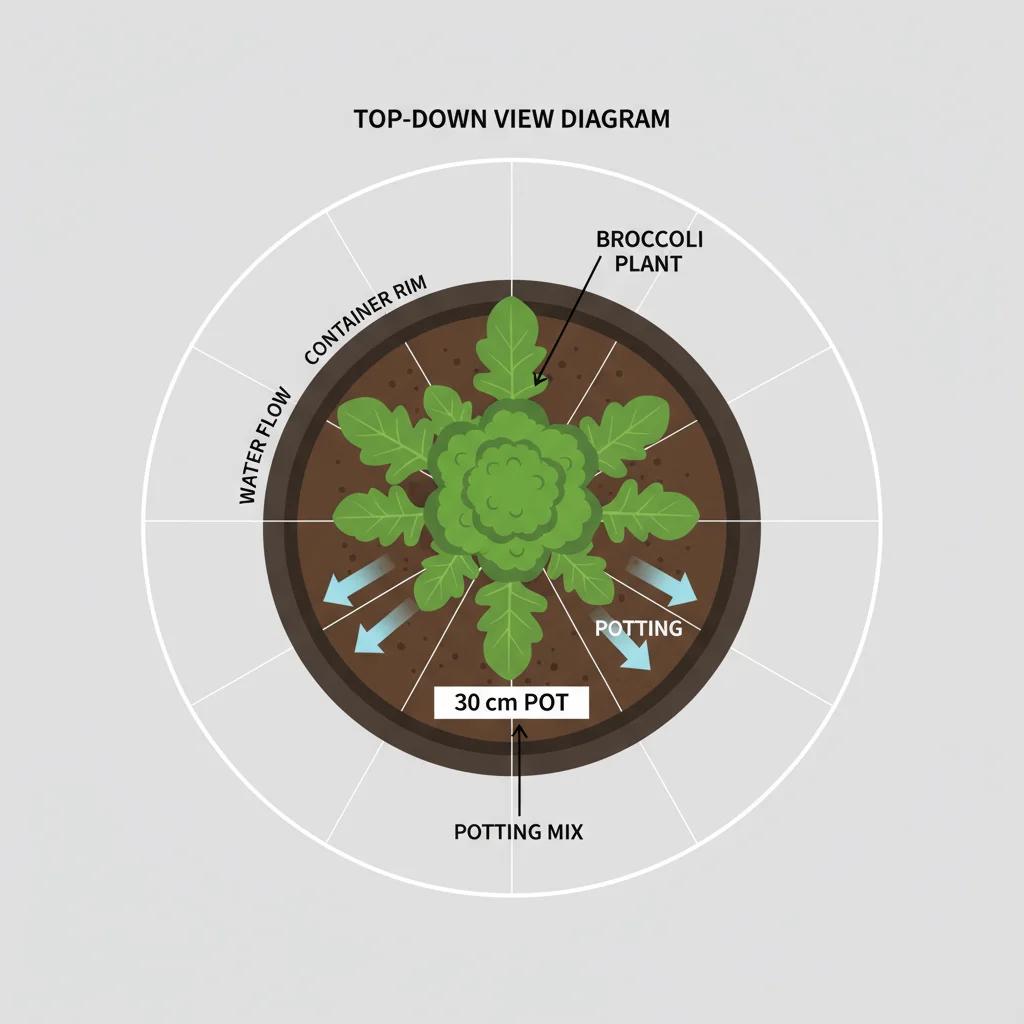 Broccoli container diagram: 30cm pot, soil, broccoli plant. Arrows show water flow/drainage. Simple labeled parts.