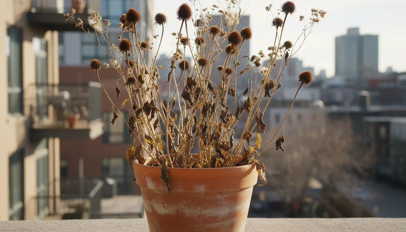 Brown, dried stems of spent coneflowers and asters with visible seed heads stand tall in a terracotta pot on an urban balcony in late autumn.