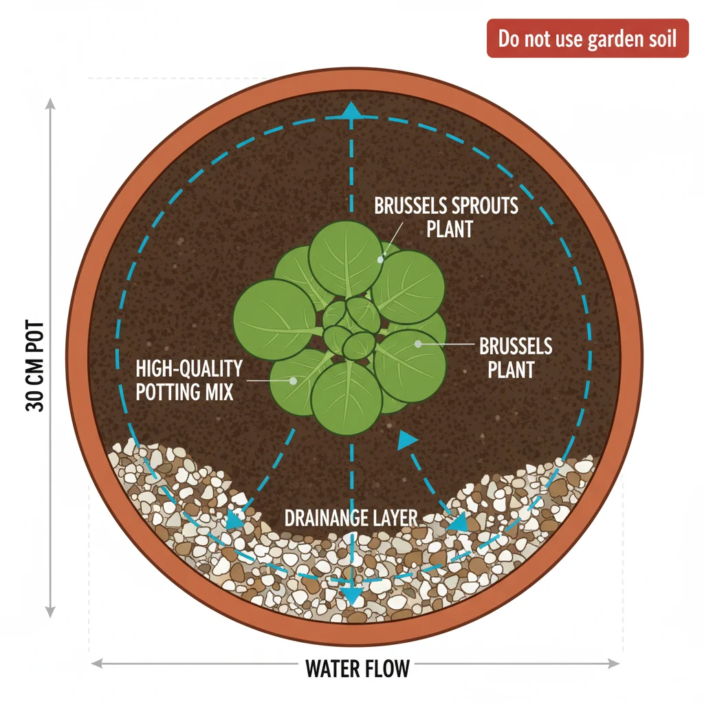 Brussels sprout pot diagram: drainage layer at pot bottom; water flow arrows; 30 cm pot size labeled.
