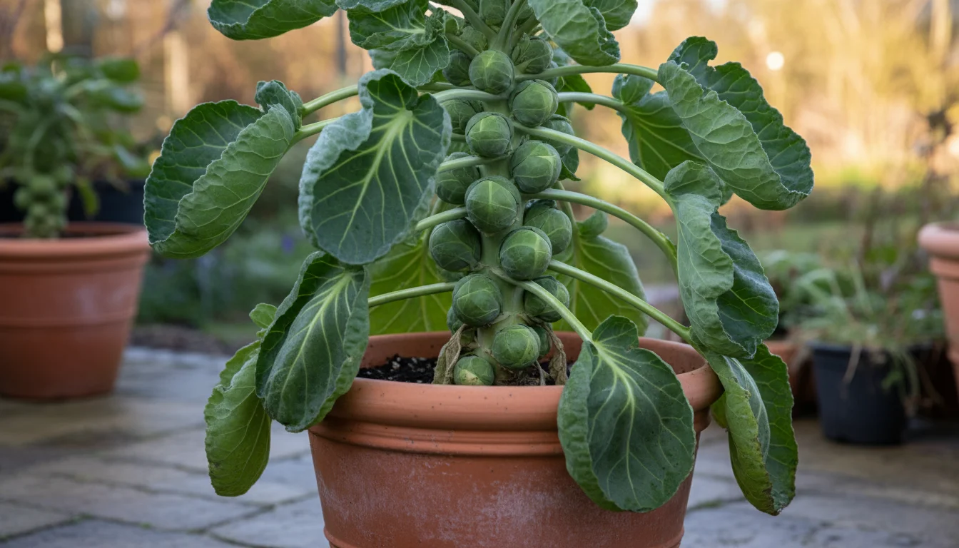 A Brussels sprout stalk in a terracotta pot, showing firm, green sprouts ready for harvest lower down and smaller ones higher up, with dew or light fr
