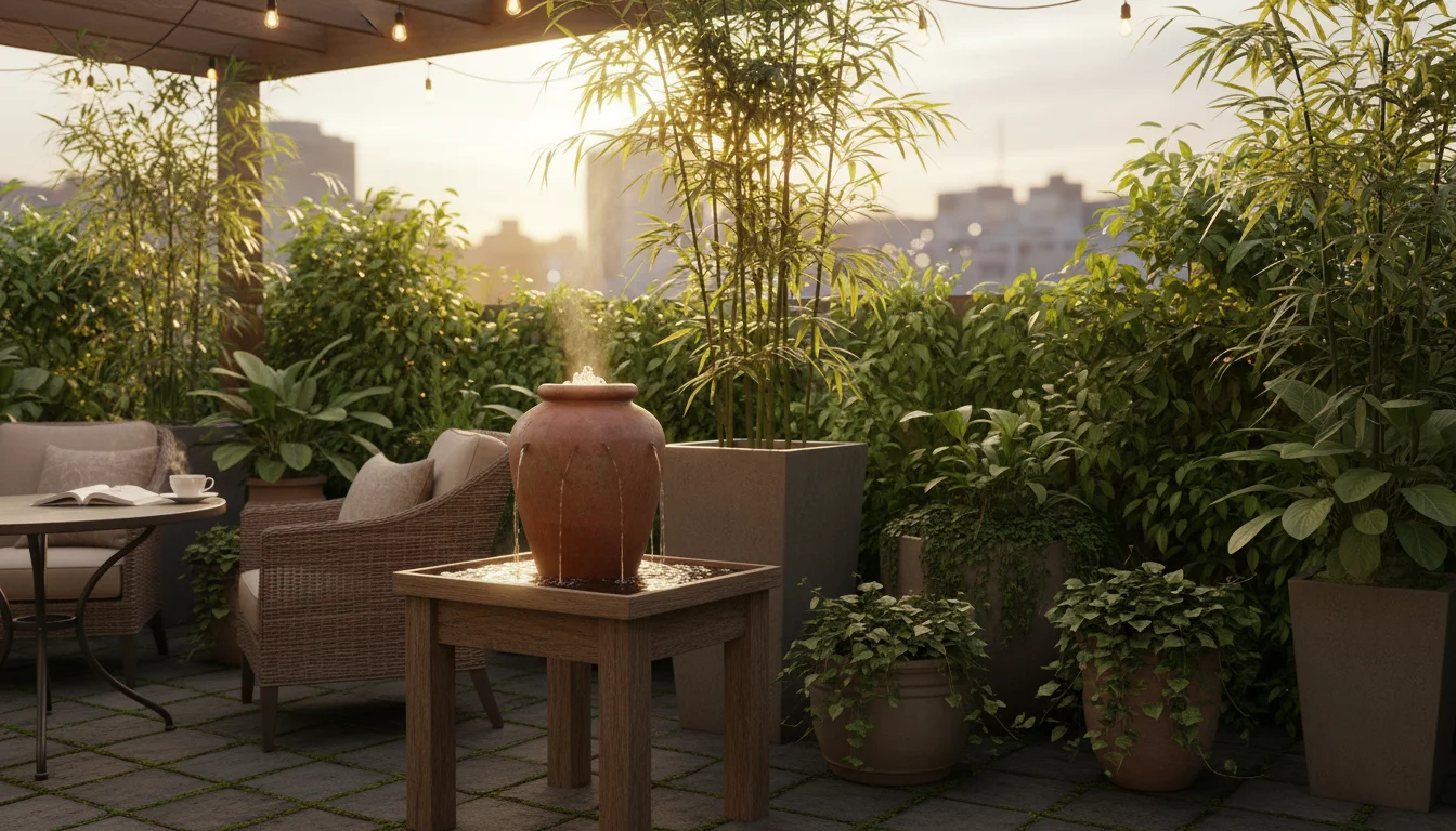 A bubbling terracotta urn, swaying bamboo in a pot, and lush layered container plants on a sunlit urban patio with subtle wind chimes.