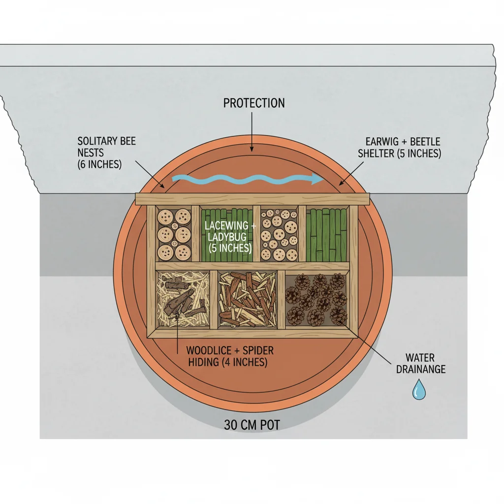 Bug hotel diagram: sheltered balcony spot in 30cm pot, labeled parts, water flow arrows.