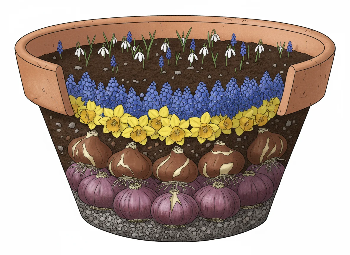 Bulb lasagna cross-section: 3 layers of bulbs (tulips, daffodils, crocuses) in soil, showing staggered planting depths in a container.