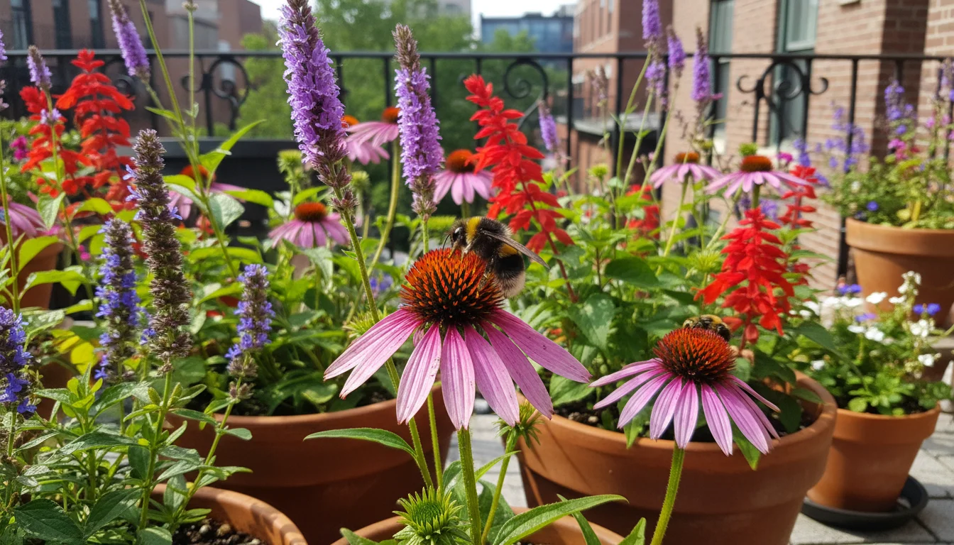 A bumblebee actively gathers pollen from a purple coneflower among diverse native plants in containers on an urban patio.