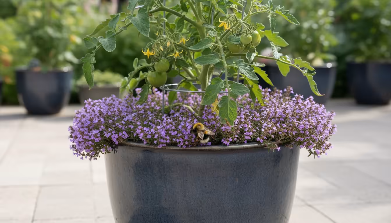 Bumblebee foraging on purple creeping thyme flowers, acting as living mulch around a patio tomato plant in a large grey pot on a sunny patio.
