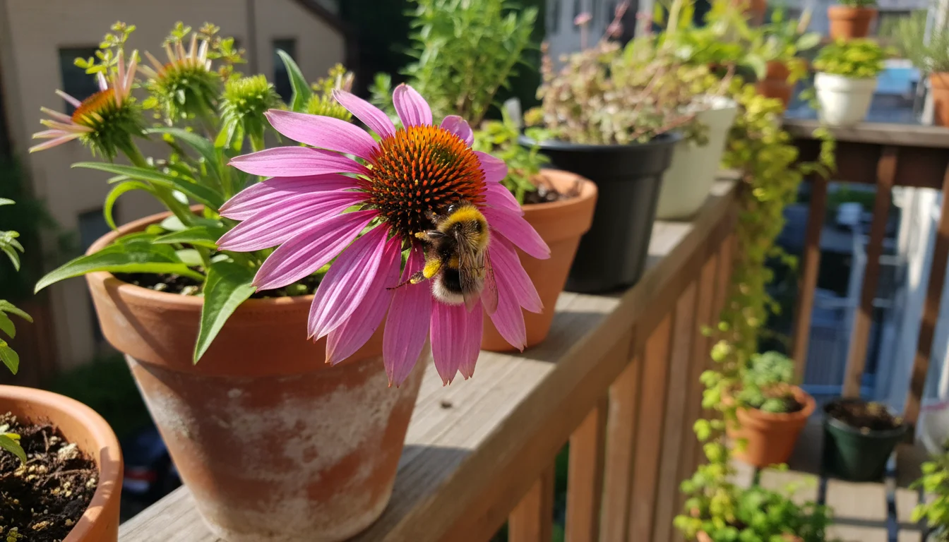 A bumblebee gathers pollen from a purple coneflower blooming in a terracotta pot on a sunny balcony.