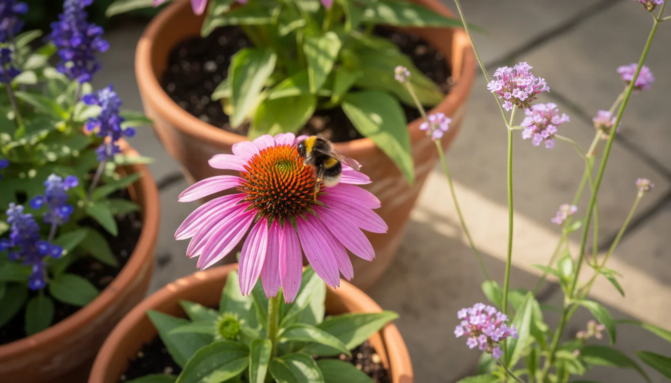 A bumblebee pollinates a purple coneflower in a terracotta pot on a sunny patio, with blue salvia and verbena bonariensis in containers nearby.