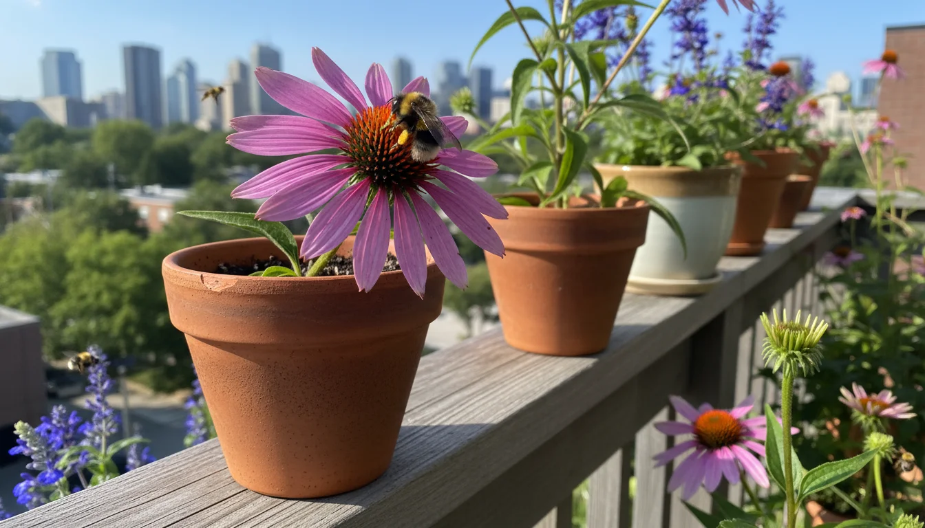 Close-up of a bumblebee on a purple coneflower in a terracotta pot on a weathered balcony railing, with blurred urban background.