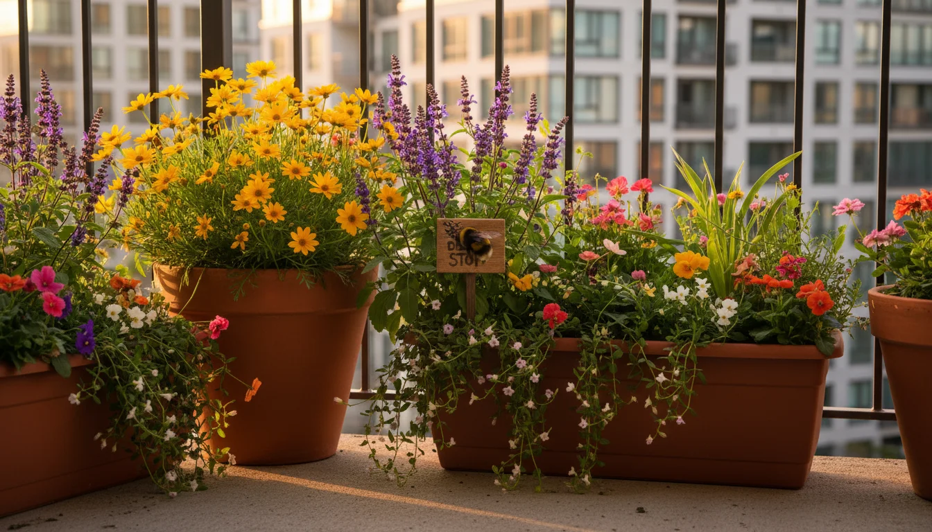 Bumblebee on purple Salvia in a terracotta pot on a sunlit urban balcony, with blurred city buildings behind.