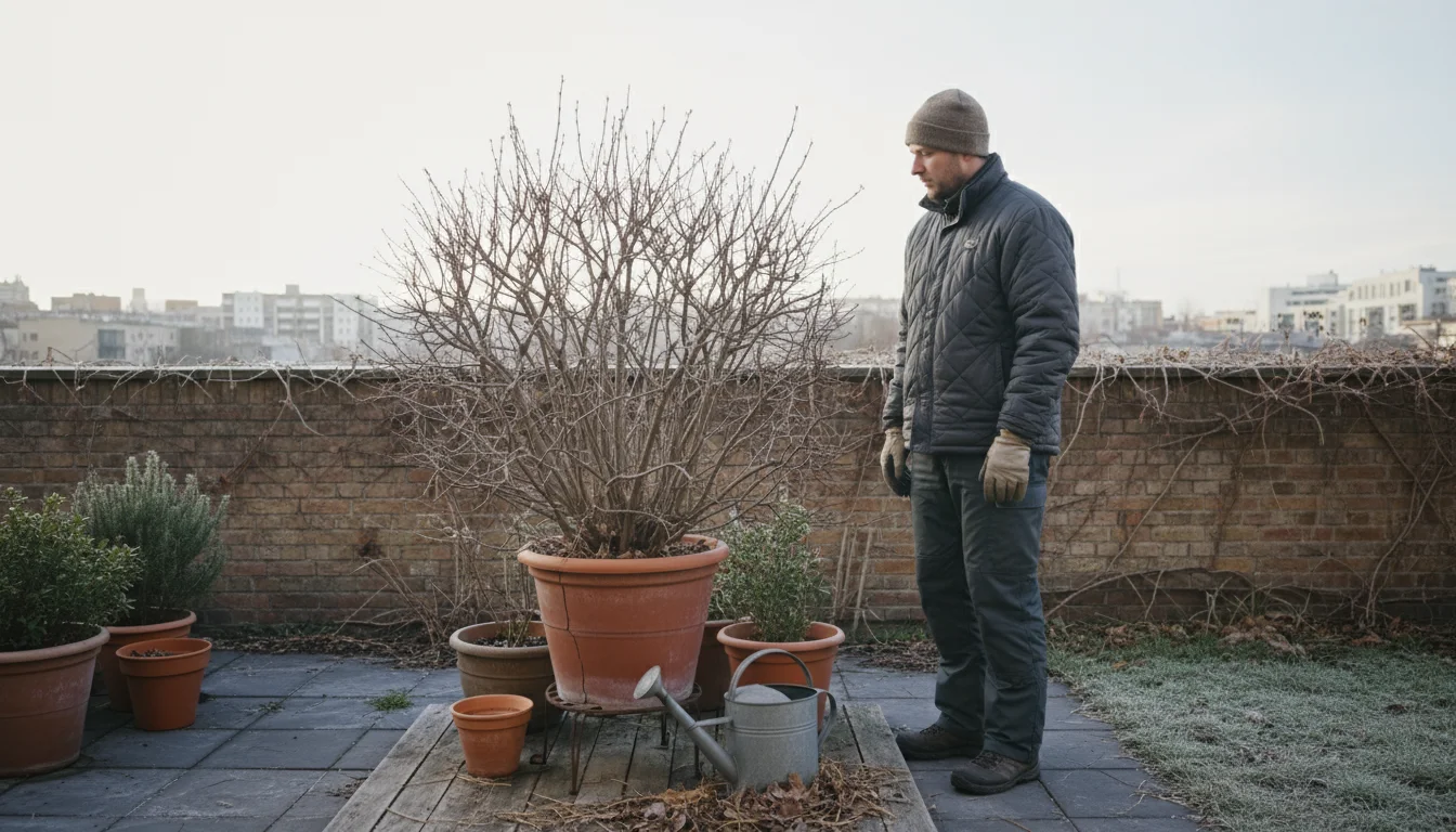 A bundled gardener on a patio observes bare branches of a potted shrub in late winter.