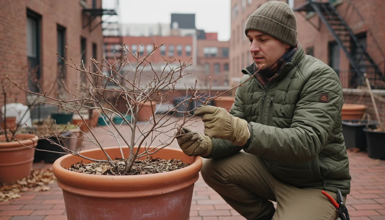 A bundled-up gardener carefully inspects tiny, dormant buds on a bare shrub branch in a terracotta pot on an urban patio during winter.