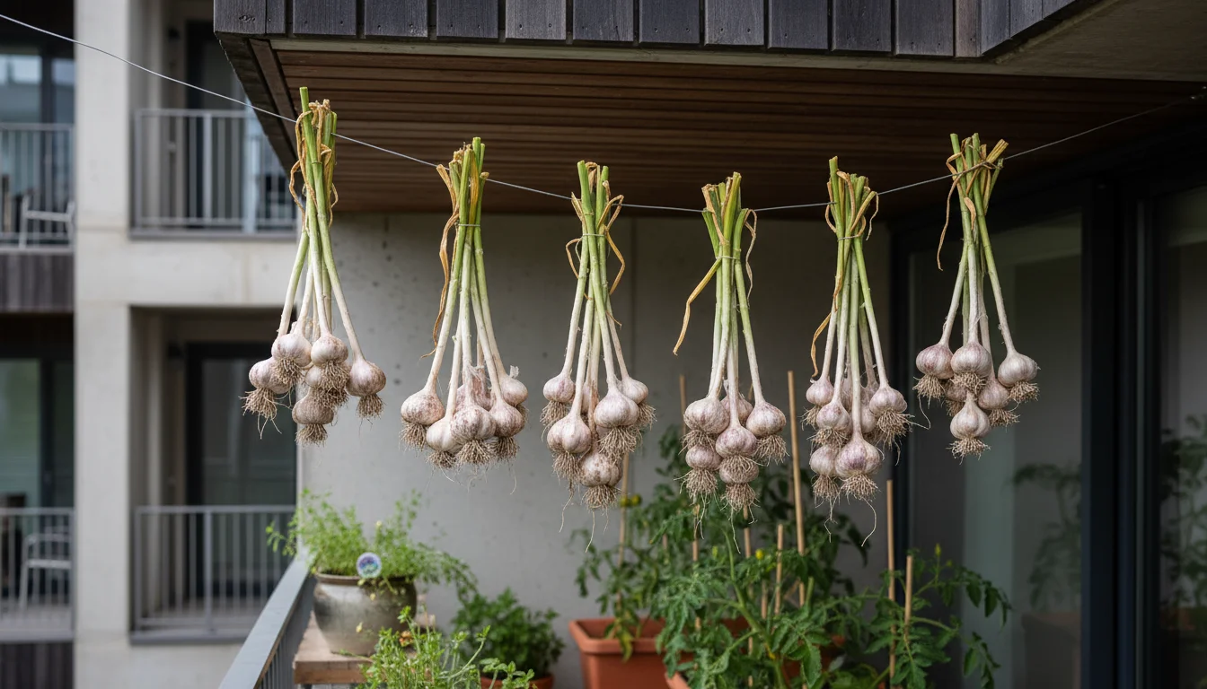 Bundles of freshly harvested garlic with stems attached hanging to cure on a balcony, showing drying papery skins and green stems.