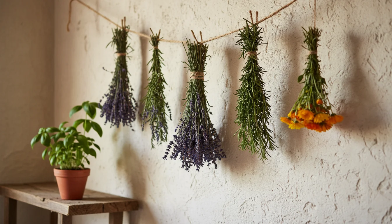 Bundles of herbs and flowers like lavender and rosemary hang upside down on twine against a pale wall, air drying. A small potted herb sits nearby.