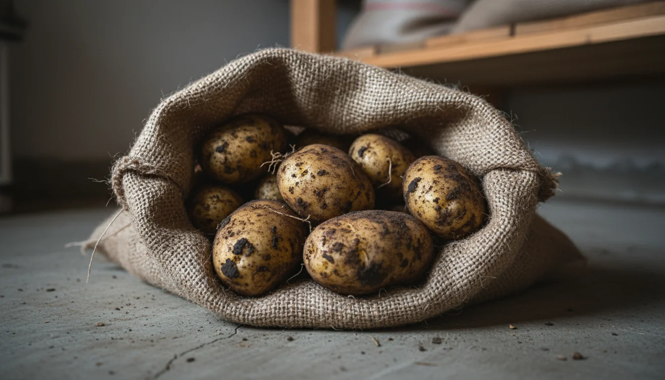 A burlap sack filled with earthy, home-grown potatoes sits on a cool floor in a dimly lit storage nook.
