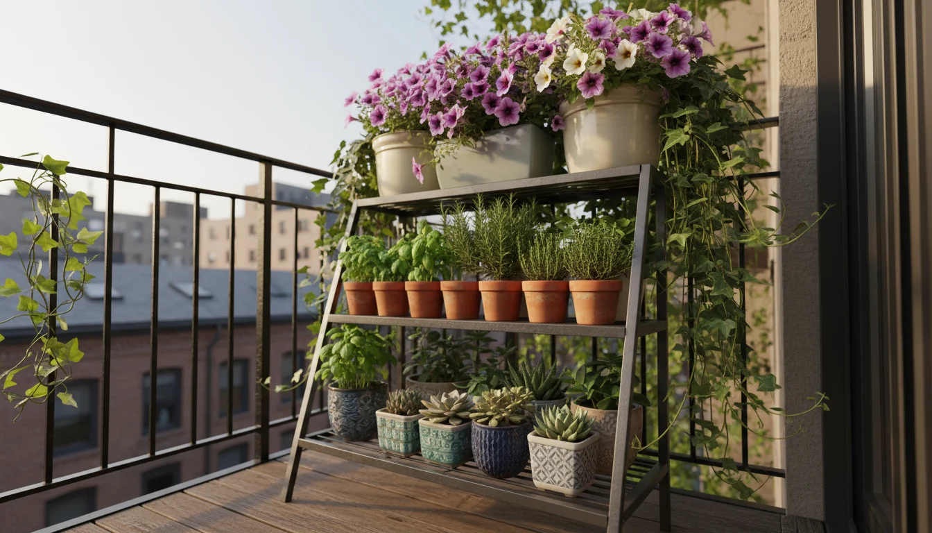 A bustling, multi-tiered metal plant stand on a small urban balcony, packed with colorful flowers, herbs, and trailing plants in varied pots.