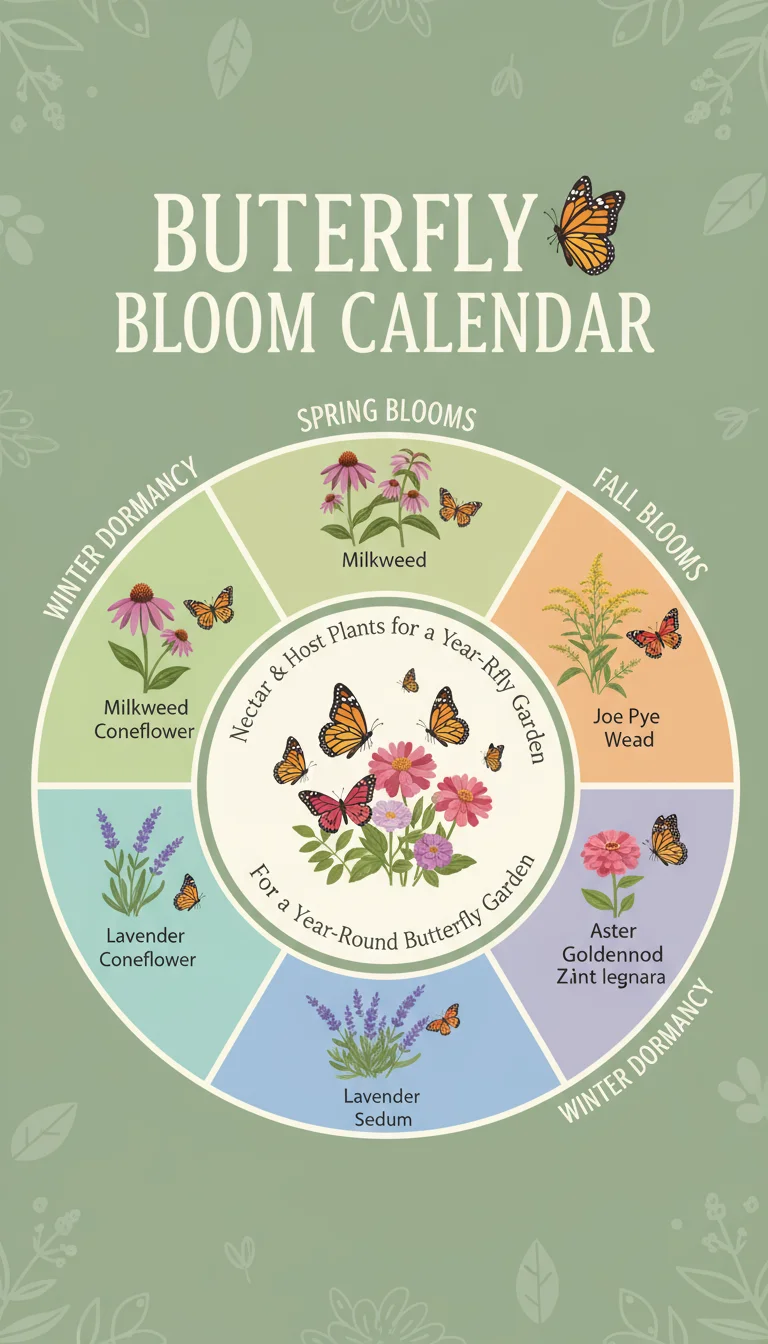 Butterfly garden bloom calendar showing plant types for spring, summer, and fall, with butterfly icons.