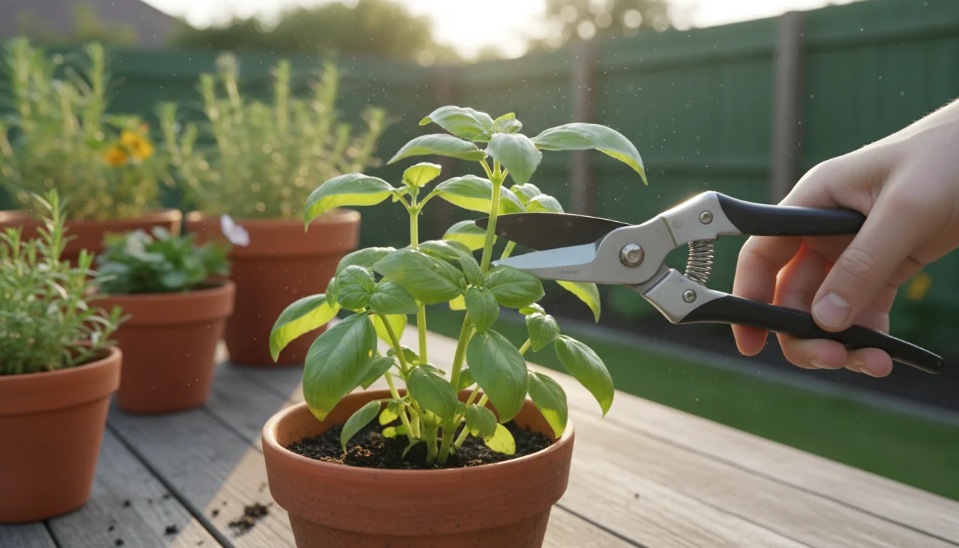Bypass pruners making a clean cut on a vibrant green basil stem in a terracotta pot on a patio table, gardener's hand visible.