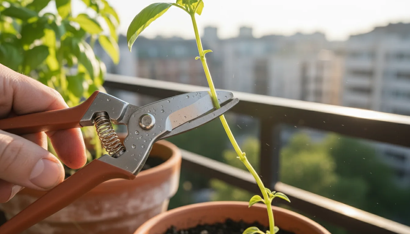 Close-up of bypass pruners making a clean, diagonal cut on a basil stem in a terracotta pot on a sunny balcony.