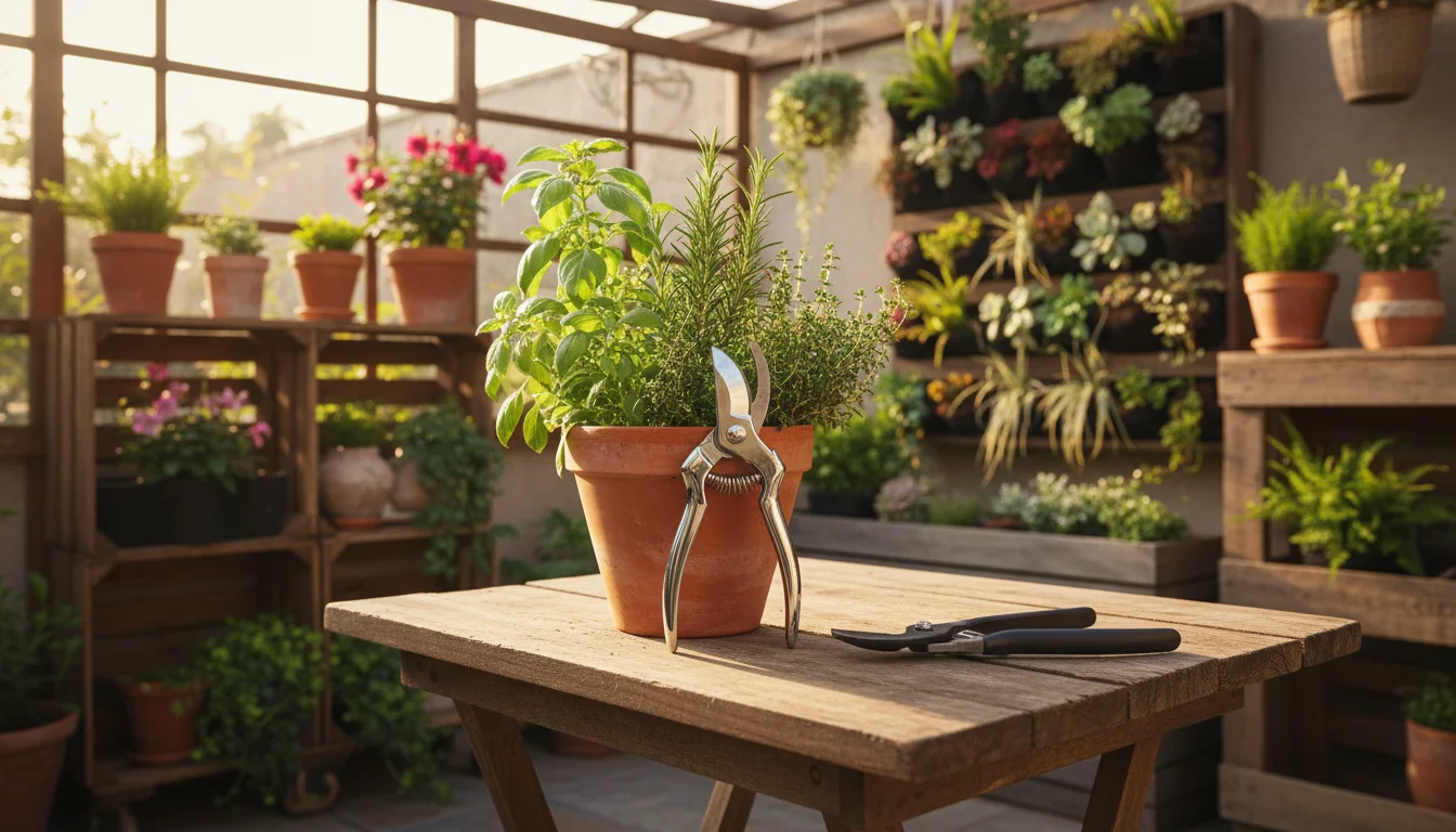 Bypass pruners on a terracotta pot of herbs, with anvil pruners beside them on a sunlit patio table in a container garden.