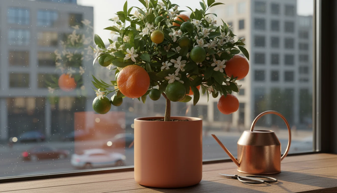 A calamondin orange tree in a terracotta pot on a windowsill, featuring white blossoms and orange fruits.