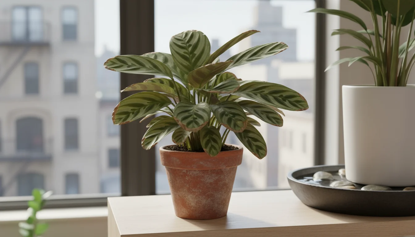 A Calathea houseplant with brown leaf tips and edges sits on a wooden shelf next to a pebble tray and another potted plant.