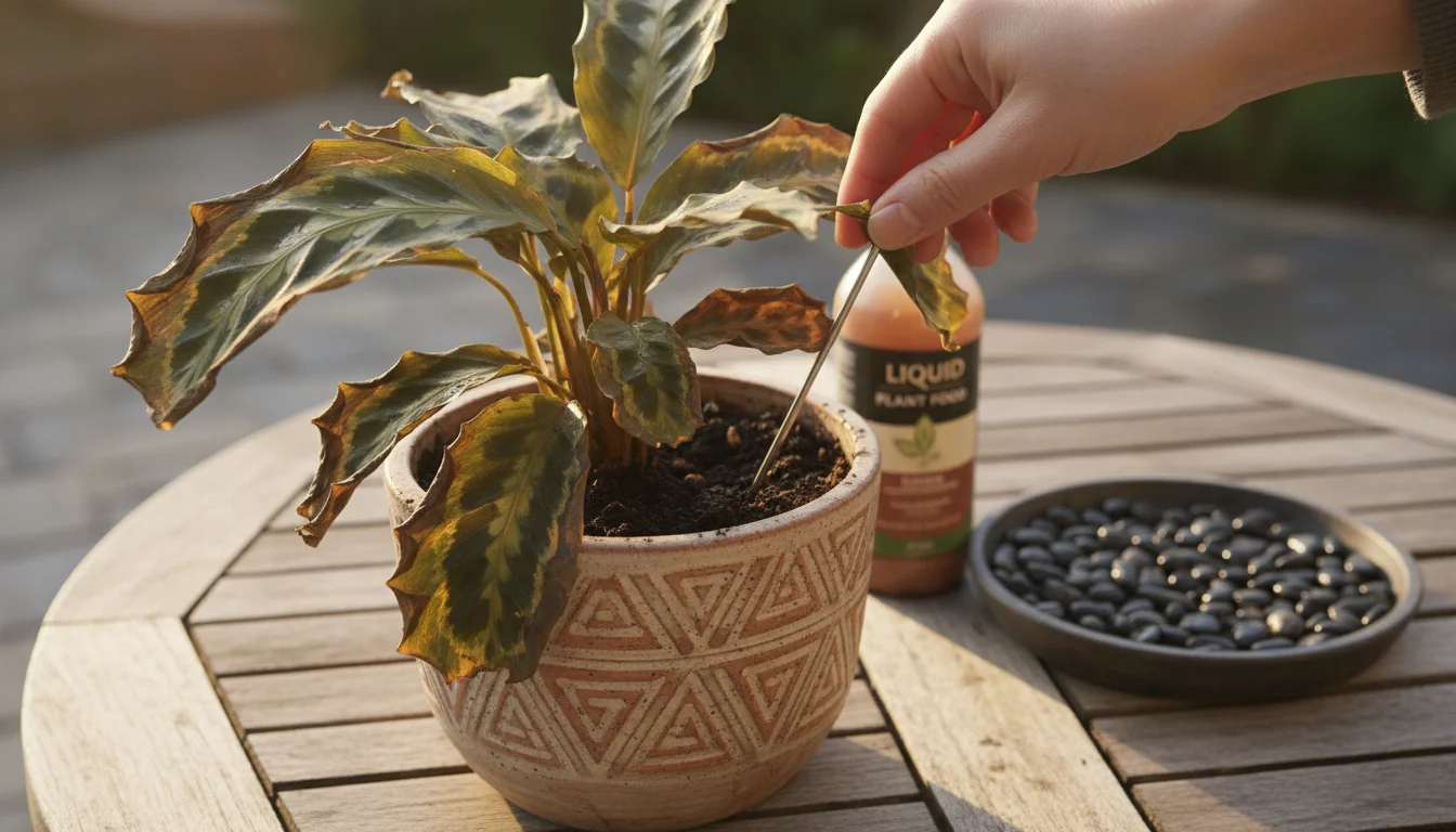 Calathea houseplant with crispy and yellowing leaves in a ceramic pot on a patio table, a hand uses a soil moisture meter to check soil moisture.