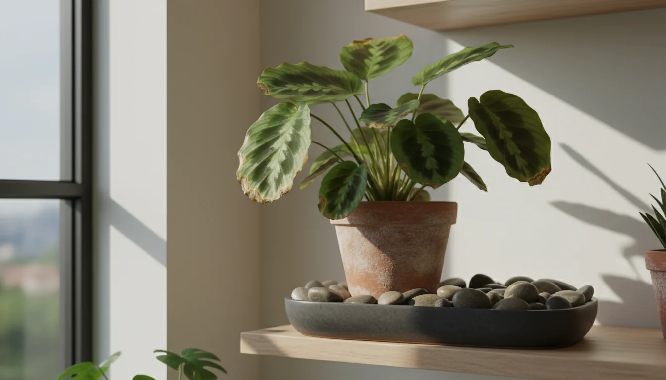 A Calathea Orbifolia houseplant displays visible brown and crispy tips on several green leaves, sitting on a wooden shelf with a dark pebble tray unde