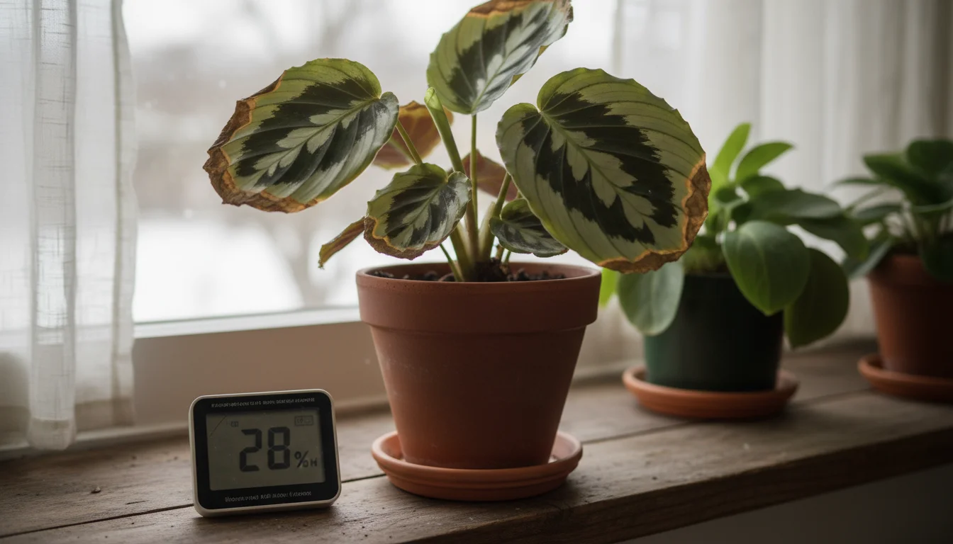 Calathea orbifolia plant with crispy brown leaf edges in a terracotta pot on a windowsill next to a digital hygrometer showing 28% humidity.