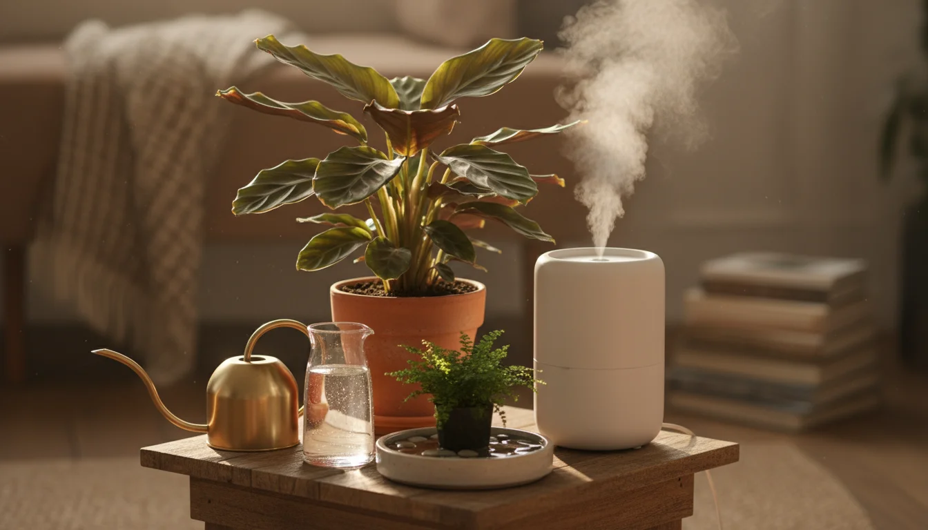 A Calathea plant with brown leaf tips on a plant stand, surrounded by a humidifier, pebble tray, watering can, and a jug of tap water.