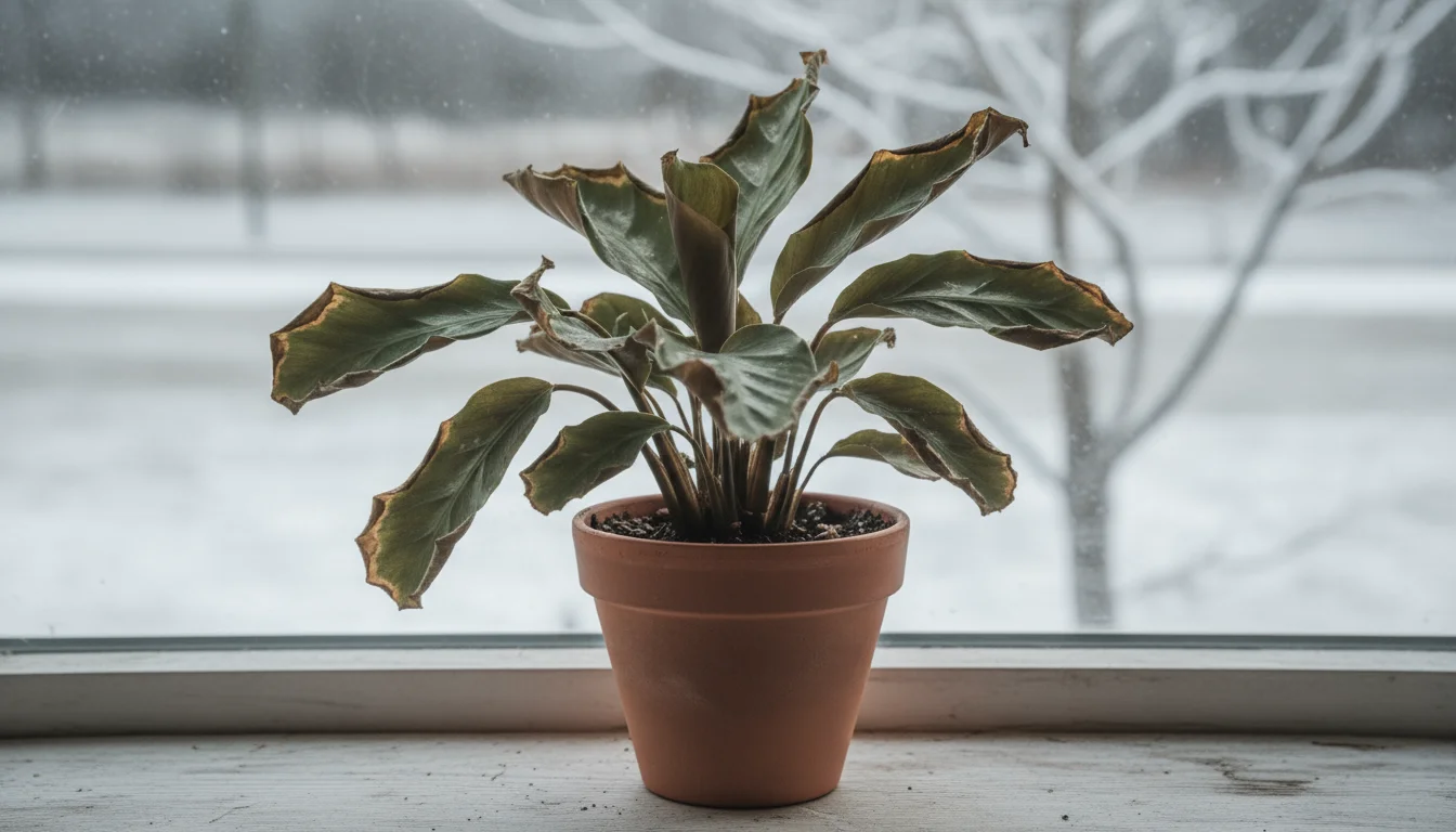 Calathea plant in terracotta pot with crispy brown leaf edges, sitting on a wooden windowsill, showing humidity stress.