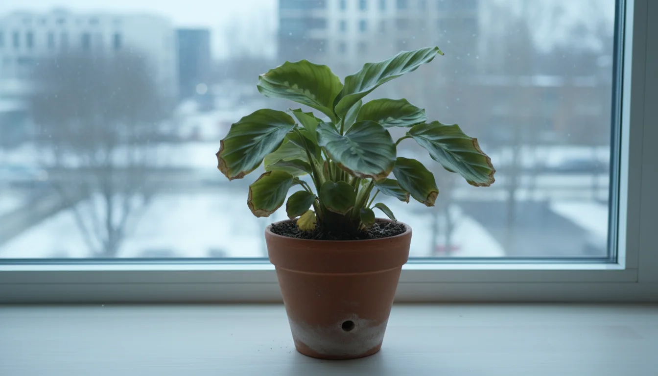 A Calathea plant in a terracotta pot on a wooden windowsill, its green leaves showing curling and crispy brown tips.