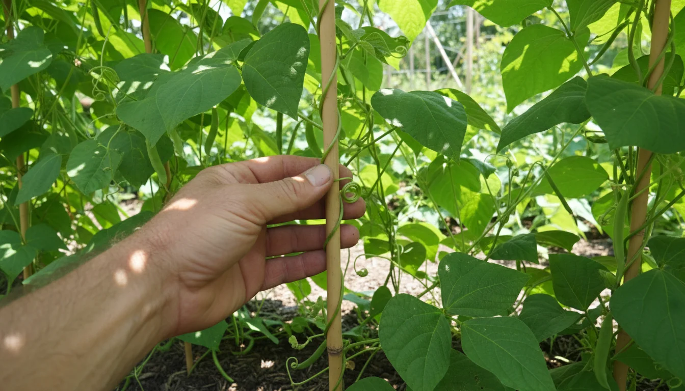 Calloused hand gently wraps a vibrant green bean vine tendril around a bamboo trellis amidst lush foliage on a balcony.