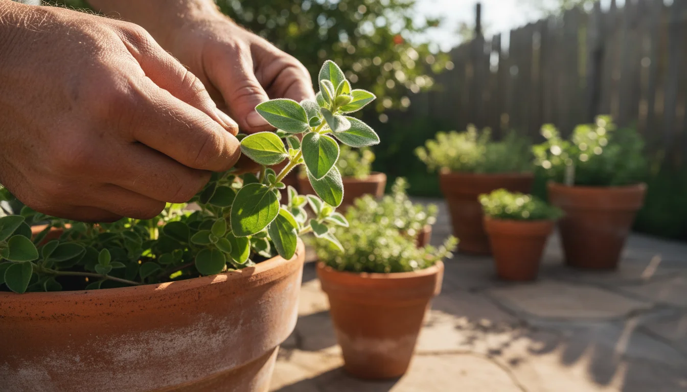 Close-up of calloused hands gently lifting a fuzzy oregano leaf in a terracotta pot, inspecting its healthy underside in sunlight.
