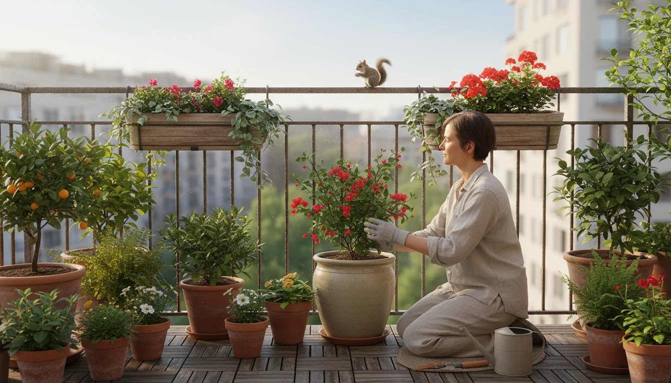 A calm gardener tending plants on a balcony, subtly observing a grey squirrel perched nearby on the railing, demonstrating a non-aggressive approach.