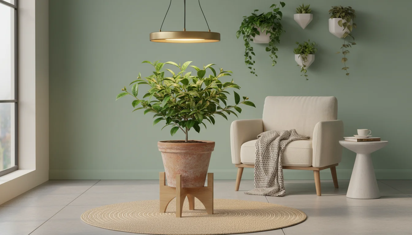 A Camellia sinensis tea plant in a terracotta pot under a suspended, sleek LED grow light in a modern indoor setting.