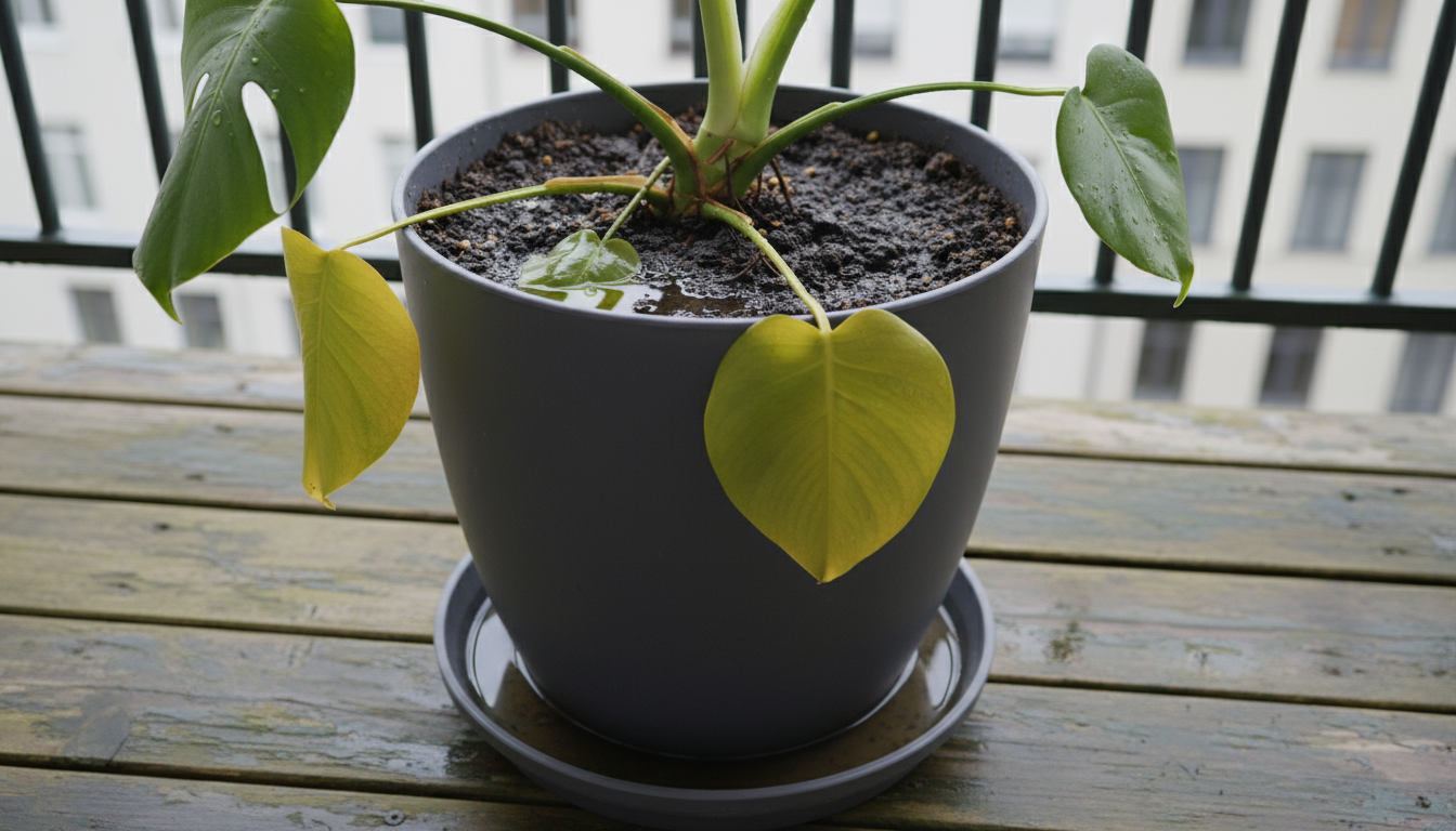 Close-up of a struggling, wilting plant in a tiny pot on an urban balcony, with a woman's hand touching a drooping leaf.