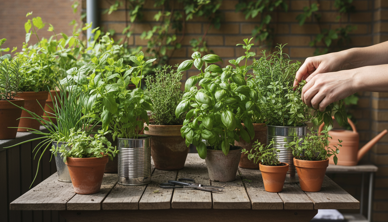 A person intently examines a slightly yellowing basil plant in a pot on a windowsill, troubleshooting its health amidst other indoor herbs.