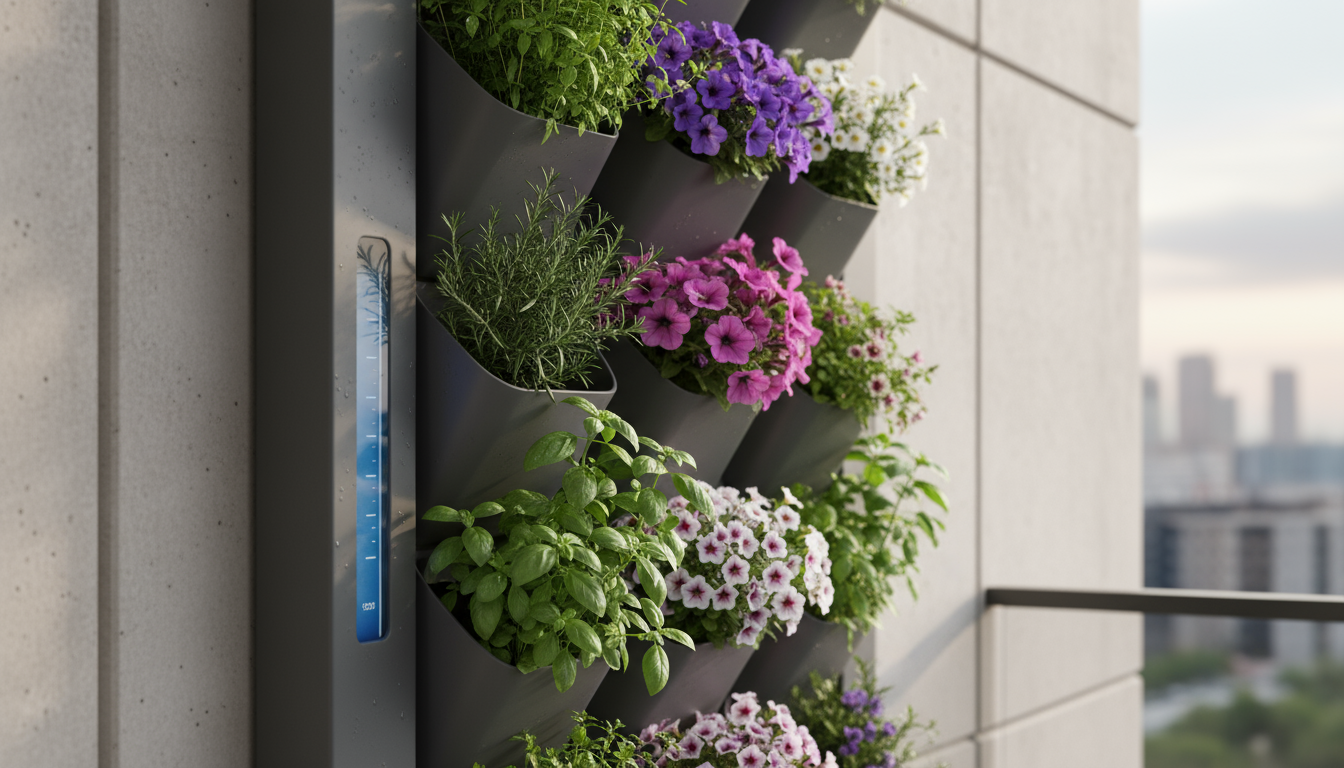 Adult adds worm compost from a small indoor bin to an herb in a vertical planter on a bright apartment balcony.