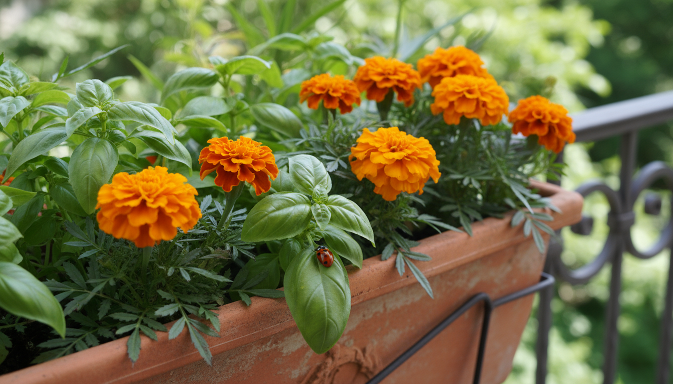 Person on an urban balcony checks soil moisture in a fabric vertical garden, holding a watering can, as water drips below.