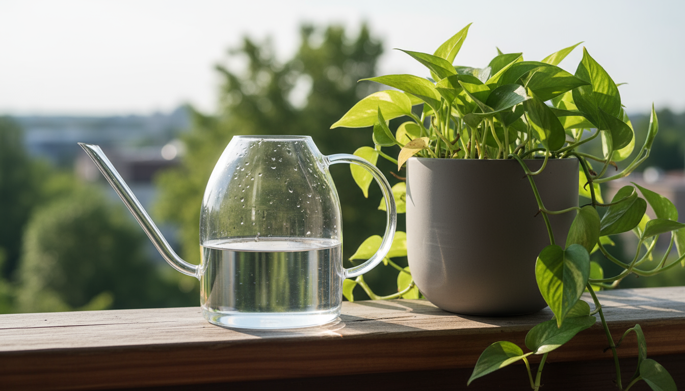 Person's hands scooping dark, fibrous peat-free potting mix with visible bark and coco coir into a terracotta pot on a small wooden table.
