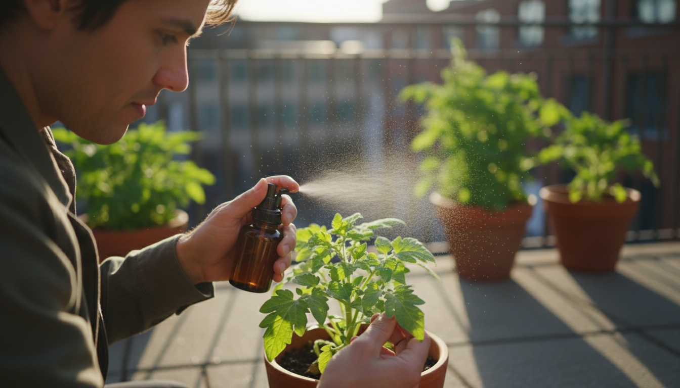 Woman on an urban balcony observing her container plants under dramatic morning sunlight, with some plants thriving and others in shadow looking leggy