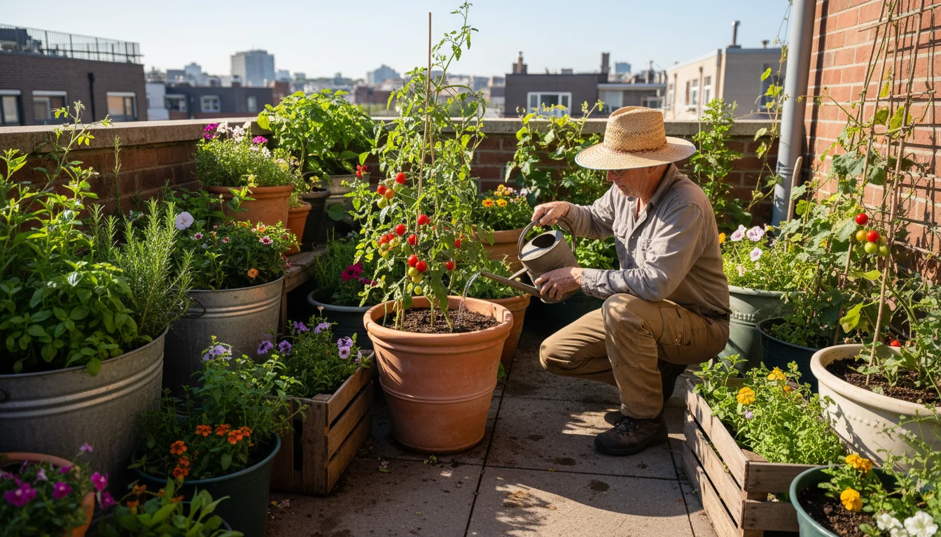 Slightly elevated candid shot of a person carefully liquid feeding a container tomato plant on a vibrant urban patio garden with diverse plants.