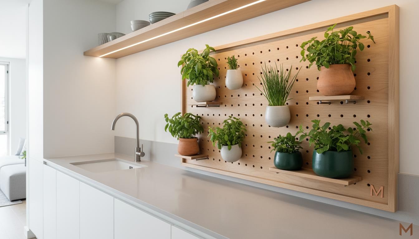 Close-up of a hand watering a vertical garden plant, with water draining into a base trough, on an urban balcony.