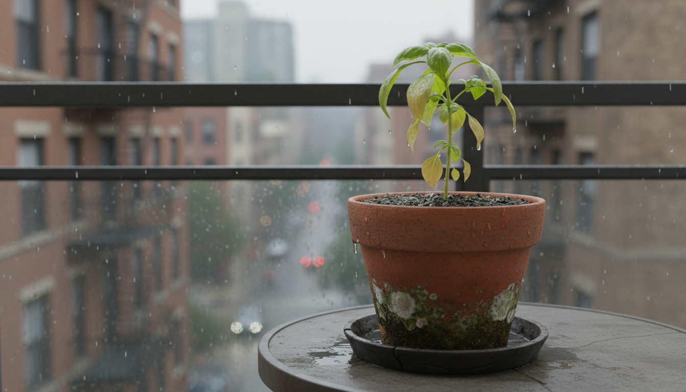 Person on a small balcony looking at a hardiness zone map on a smartphone, surrounded by thriving and struggling container plants.