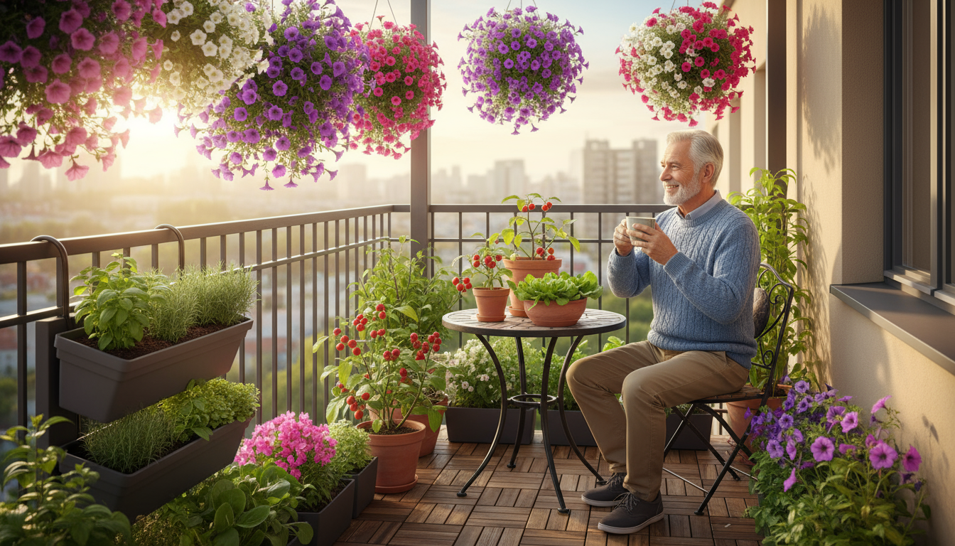 Senior hands comfortably prune basil in an elevated pot on a sunny patio, with other containers strategically placed nearby.