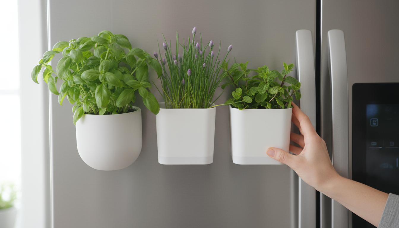 Close-up of hands holding a lightweight fabric pocket planter against an apartment wall, with a measuring tape and small level nearby, assessing insta