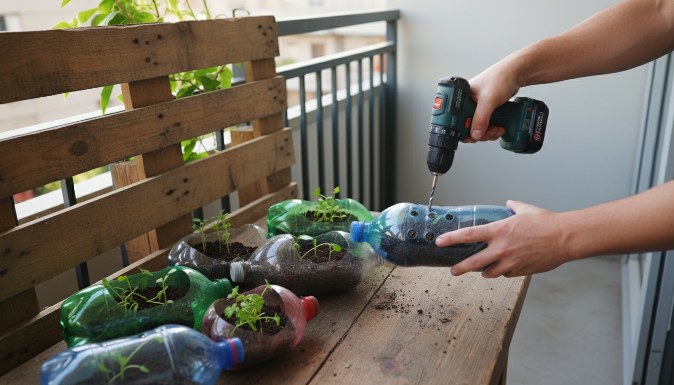 Young person measuring a sleek dark metal balcony railing with a yellow tape measure, assessing the vertical space for a garden. An empty ceramic pot