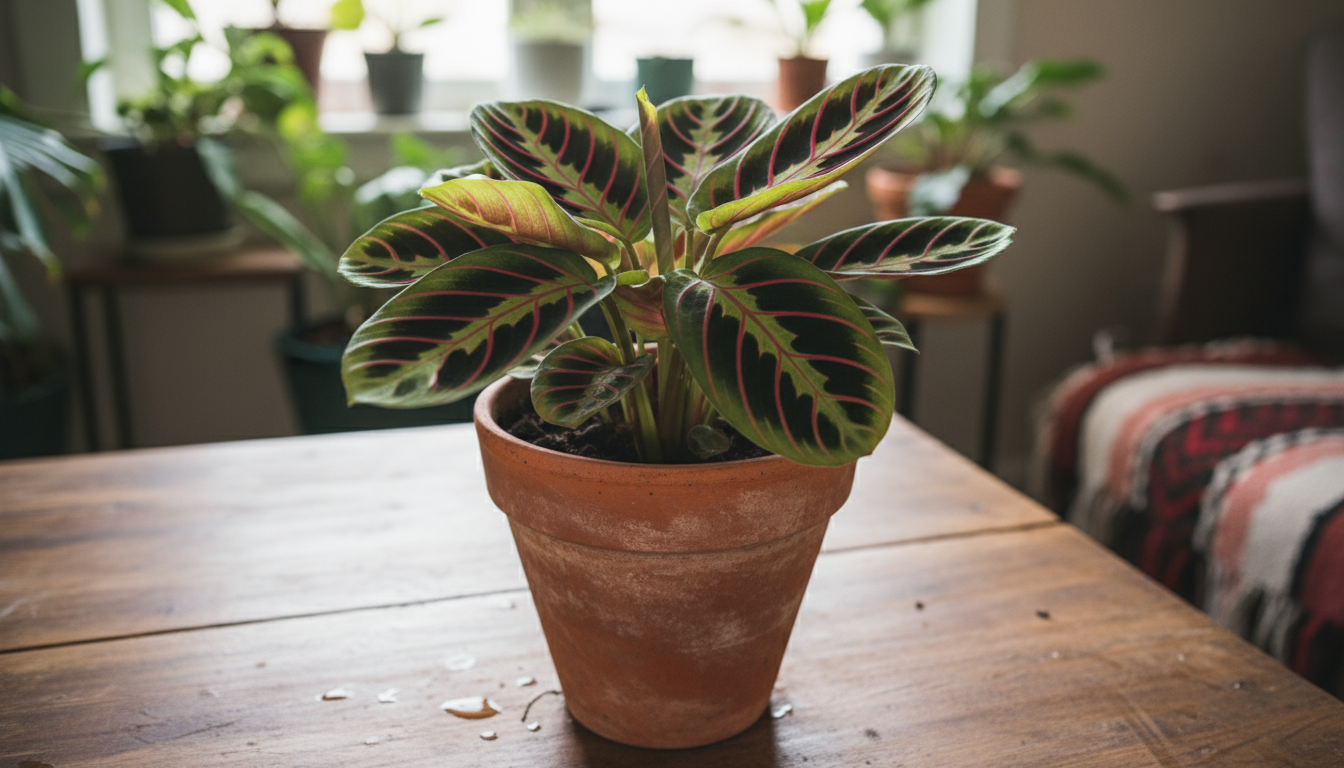 Hands rinse leafy greens in a colander over a kitchen sink, collecting the water in a small watering can for nearby houseplants.