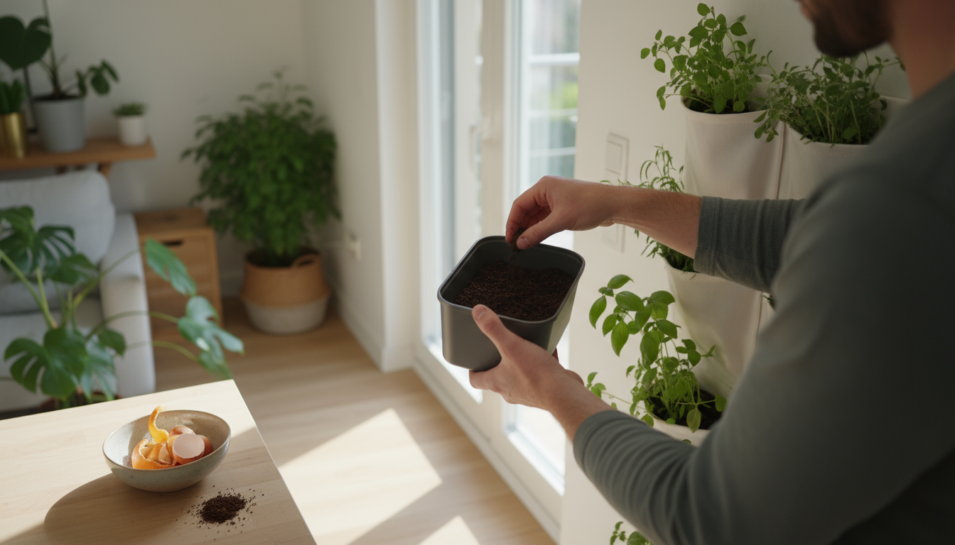 A person notes sunlight on a multi-tiered vertical garden on an urban balcony, showing distinct areas of full sun, partial sun, and shade.