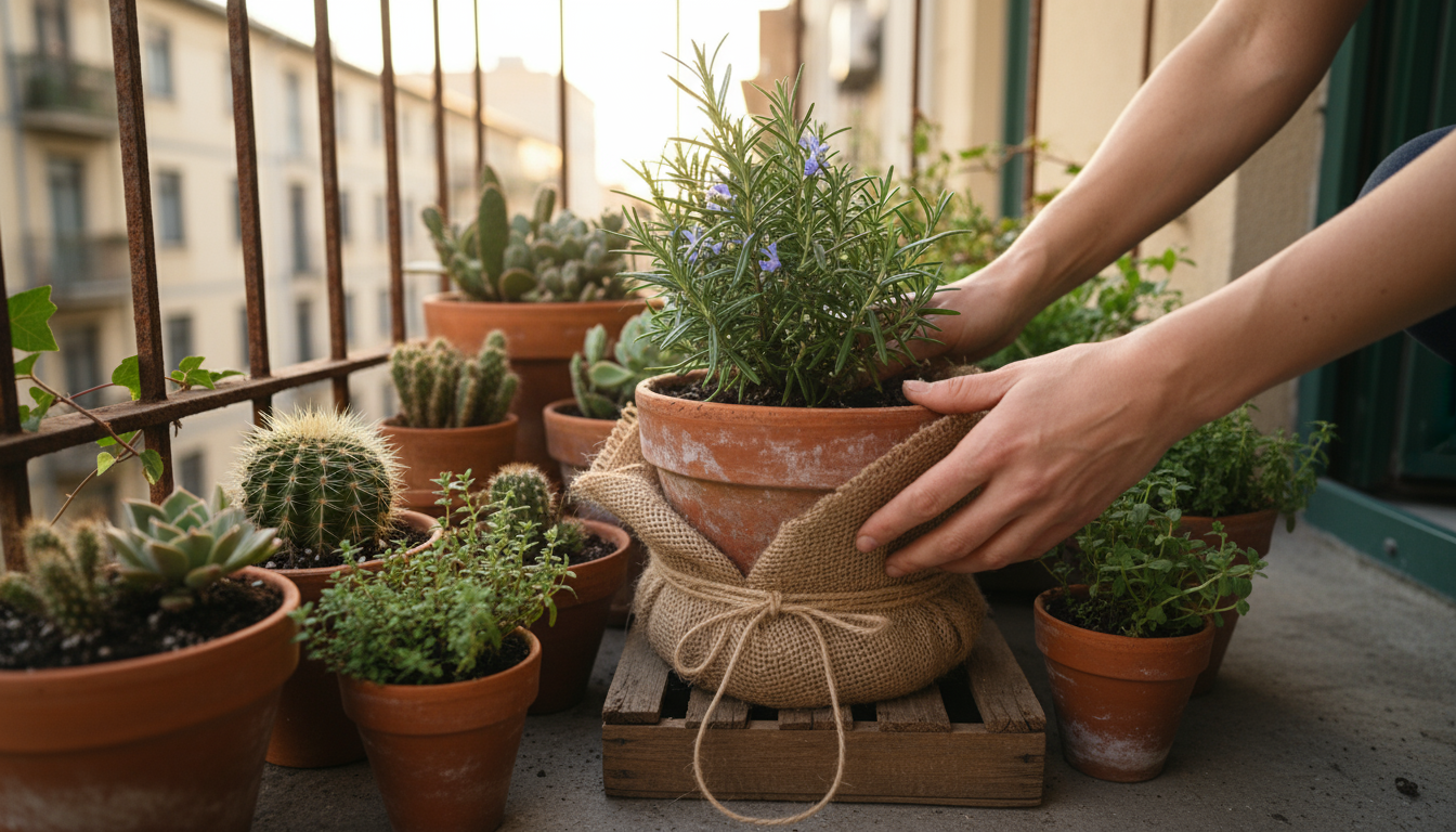 Three different garden containers – a terracotta pot, a dark plastic pot, and a fabric grow bag – each holding thriving plants on a sunlit urban balco